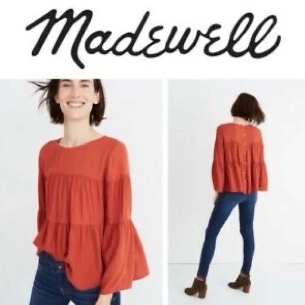 Madewell Orange Tiered Swing Button-Back Blouse